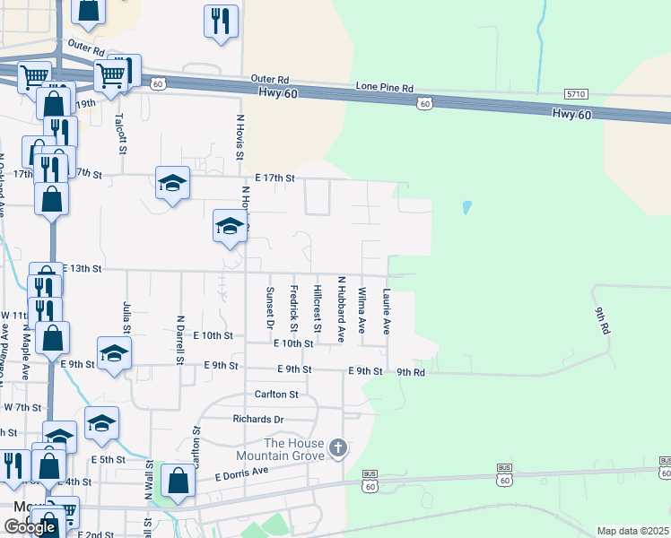 map of restaurants, bars, coffee shops, grocery stores, and more near 1105 East 13th Street in Mountain Grove