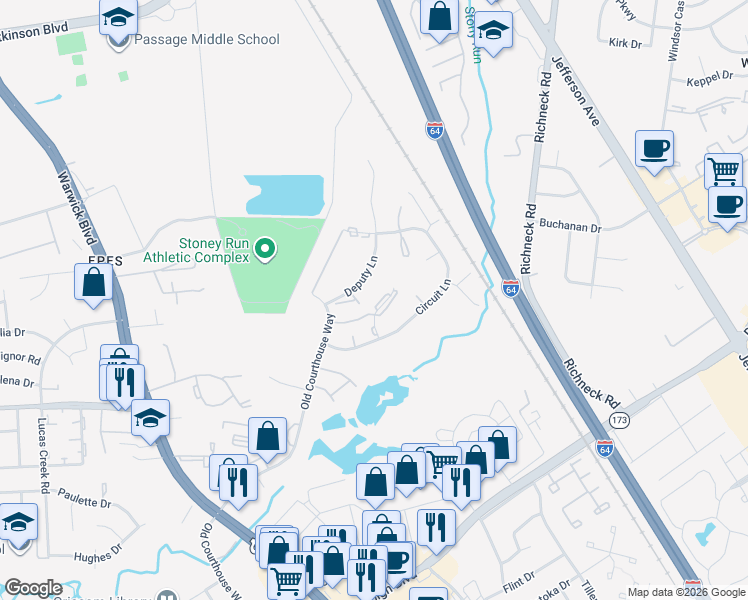 map of restaurants, bars, coffee shops, grocery stores, and more near 395 Deputy Lane in Newport News