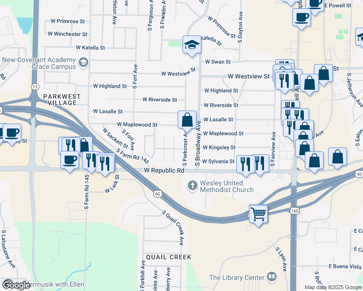 map of restaurants, bars, coffee shops, grocery stores, and more near 4069 South Parkcrest Avenue in Springfield