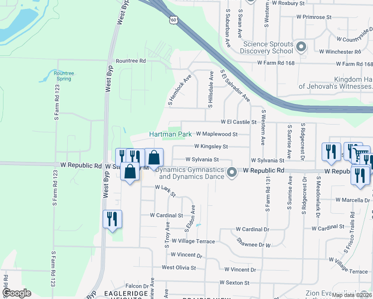 map of restaurants, bars, coffee shops, grocery stores, and more near 3816 W Kingsley St in Springfield