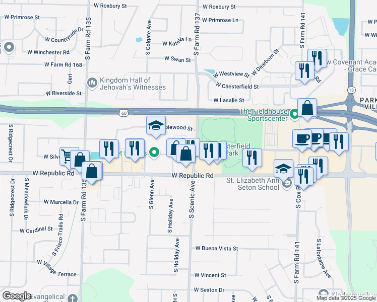 map of restaurants, bars, coffee shops, grocery stores, and more near 4131 South Scenic Avenue in Springfield