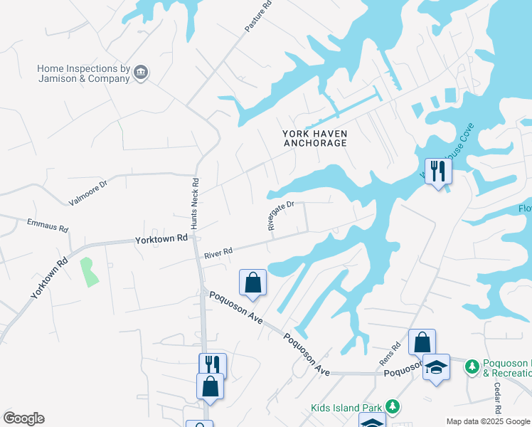 map of restaurants, bars, coffee shops, grocery stores, and more near 10 Rivergate Drive in Poquoson