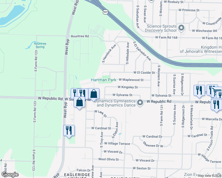 map of restaurants, bars, coffee shops, grocery stores, and more near 3816 West Kingsley Street in Springfield