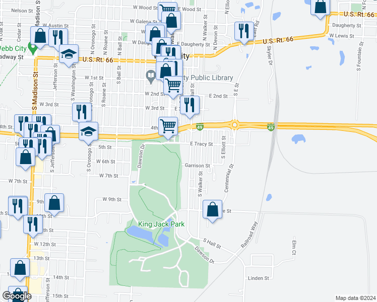 map of restaurants, bars, coffee shops, grocery stores, and more near 518 South Hall Street in Webb City