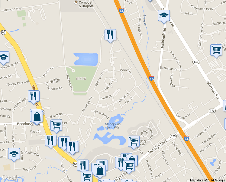 map of restaurants, bars, coffee shops, grocery stores, and more near 395 Deputy Lane in Newport News