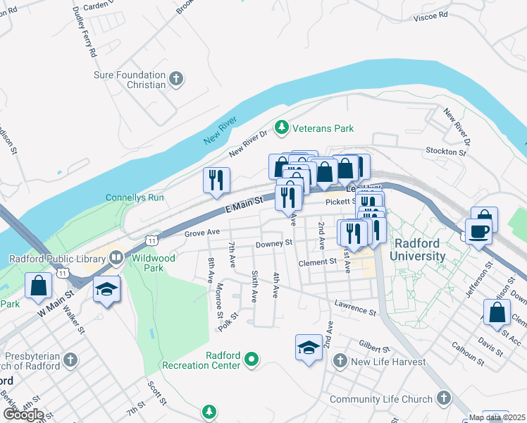 map of restaurants, bars, coffee shops, grocery stores, and more near in Radford