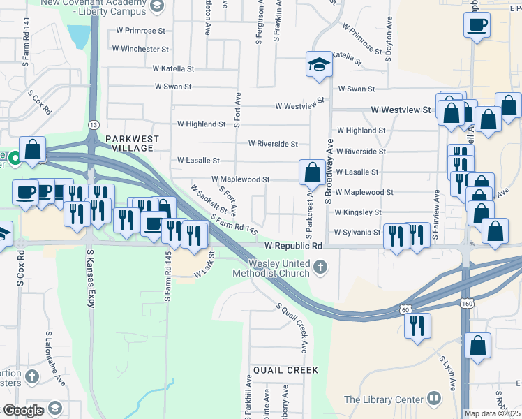map of restaurants, bars, coffee shops, grocery stores, and more near 4067 South Franklin Avenue in Springfield