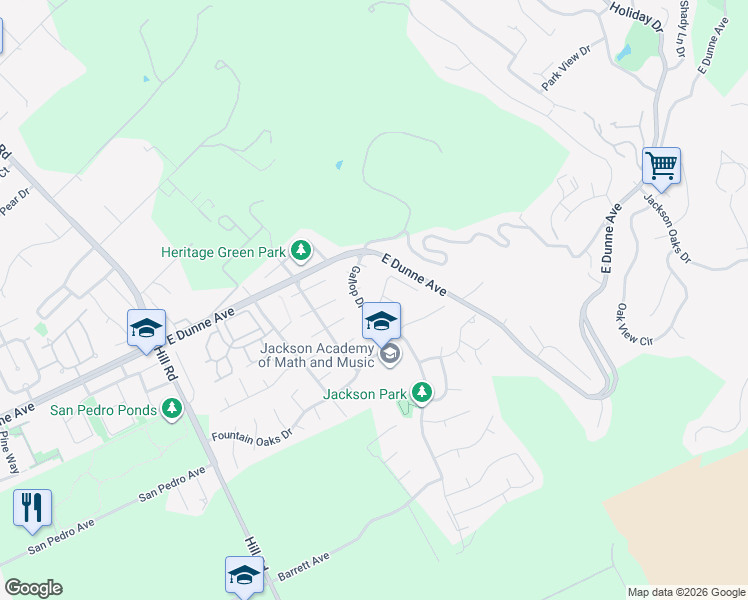 map of restaurants, bars, coffee shops, grocery stores, and more near 16820 Gallop Drive in Morgan Hill