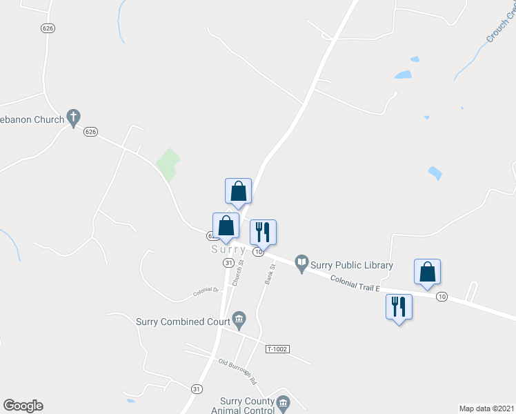 map of restaurants, bars, coffee shops, grocery stores, and more near 12144 Rolfe Highway in Surry