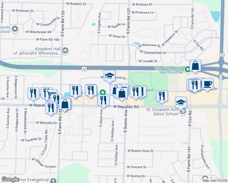 map of restaurants, bars, coffee shops, grocery stores, and more near 2775 West Silverleaf Street in Springfield