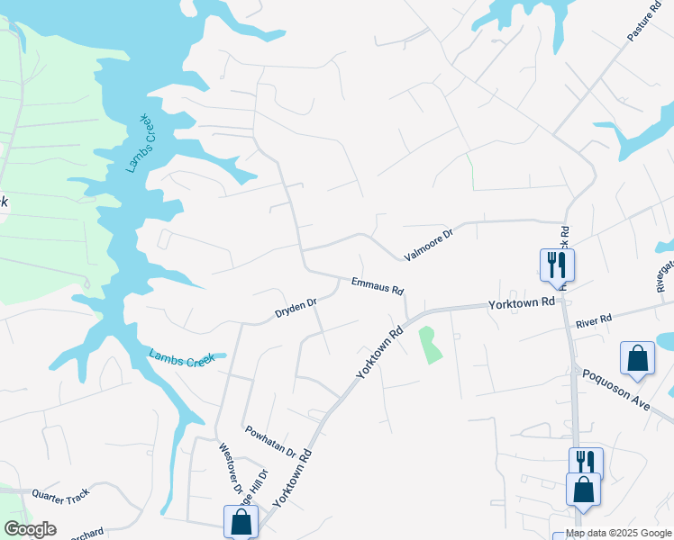 map of restaurants, bars, coffee shops, grocery stores, and more near 26 Emmaus Road in Poquoson