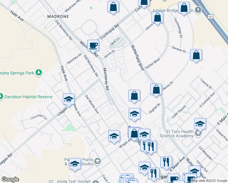map of restaurants, bars, coffee shops, grocery stores, and more near 32 Seda Lane in Morgan Hill