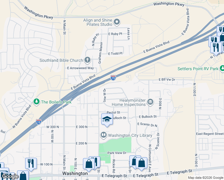 map of restaurants, bars, coffee shops, grocery stores, and more near 386 Urie North Drive in Washington