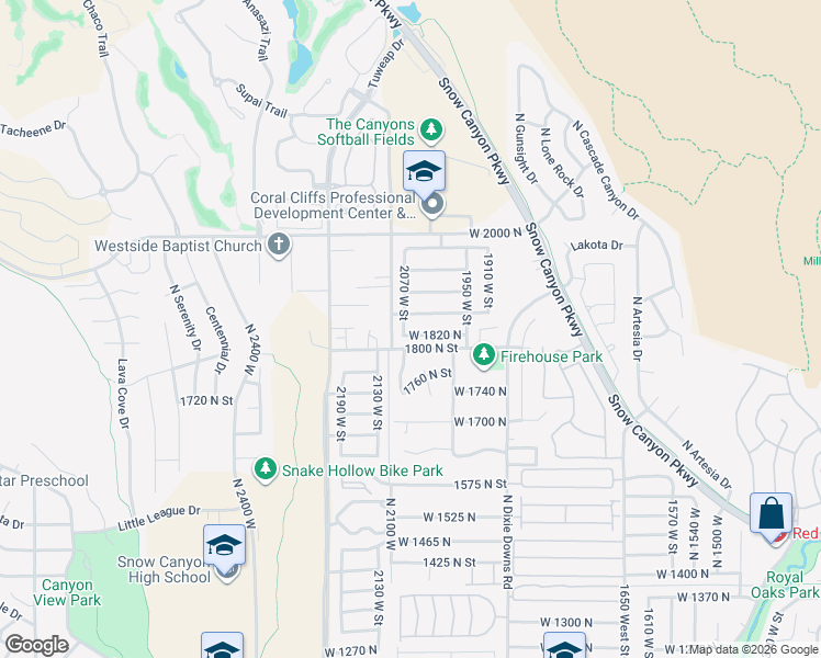 map of restaurants, bars, coffee shops, grocery stores, and more near 1830 2070 West Street in Saint George