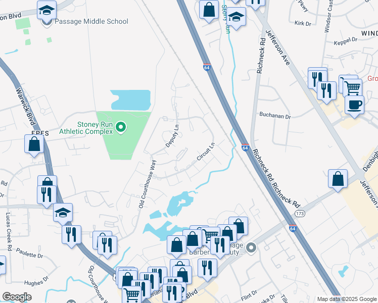 map of restaurants, bars, coffee shops, grocery stores, and more near 389 Jury Lane in Newport News