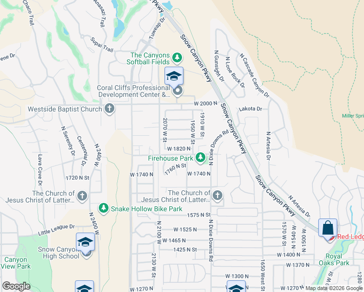 map of restaurants, bars, coffee shops, grocery stores, and more near 1996 West 1820 North in St. George