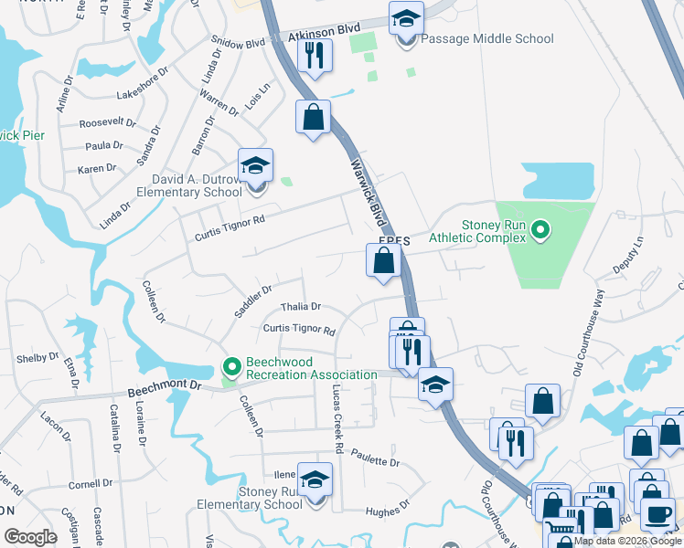 map of restaurants, bars, coffee shops, grocery stores, and more near 910 Sparrow Court in Newport News