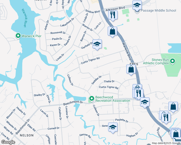 map of restaurants, bars, coffee shops, grocery stores, and more near 289 Curtis Tignor Road in Newport News