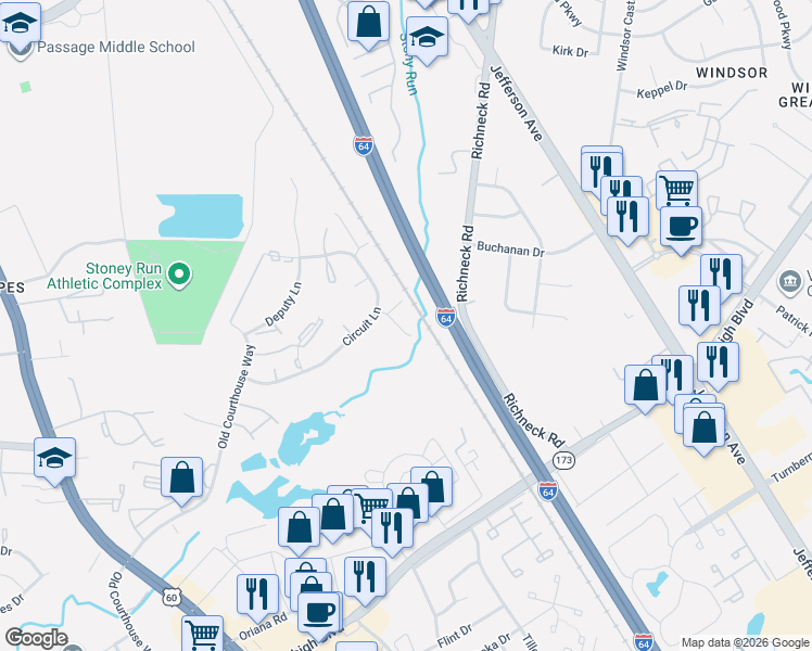 map of restaurants, bars, coffee shops, grocery stores, and more near 510 Magistrate Lane in Newport News