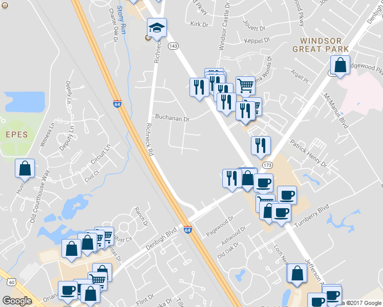 map of restaurants, bars, coffee shops, grocery stores, and more near 132 Tazewell Rd in Newport News