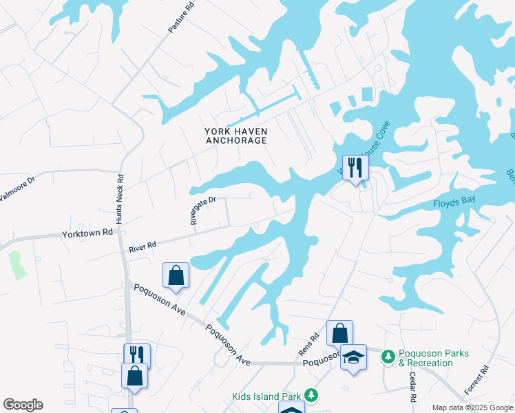 map of restaurants, bars, coffee shops, grocery stores, and more near 19 Rivergate Drive in Poquoson