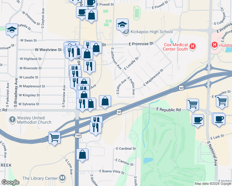 map of restaurants, bars, coffee shops, grocery stores, and more near 4083 South Eaton Avenue in Springfield