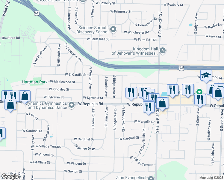 map of restaurants, bars, coffee shops, grocery stores, and more near 4104 South Ridgecrest Drive in Springfield