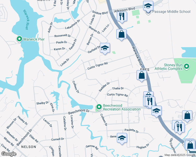 map of restaurants, bars, coffee shops, grocery stores, and more near 289 Curtis Tignor Road in Newport News