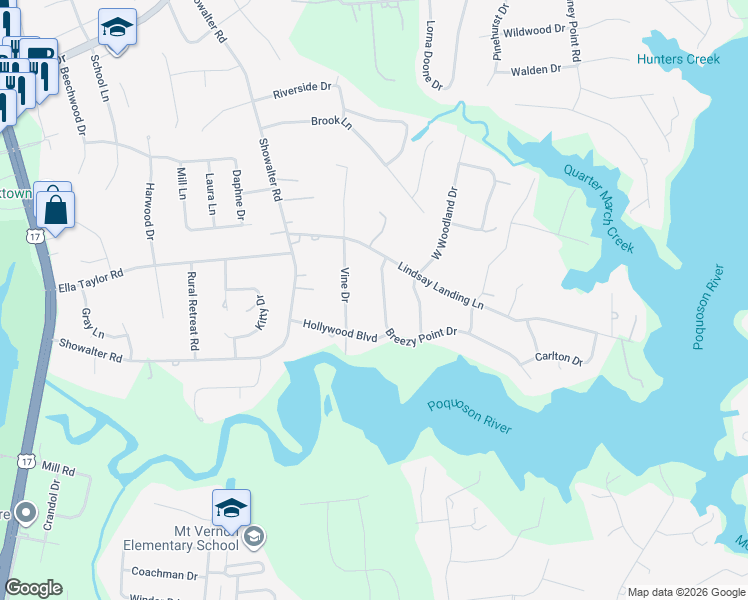map of restaurants, bars, coffee shops, grocery stores, and more near 112 Breezy Point Drive in Yorktown