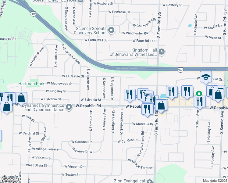 map of restaurants, bars, coffee shops, grocery stores, and more near 4104 South Ridgecrest Drive in Springfield