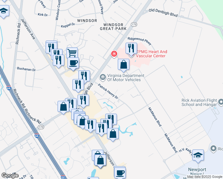 map of restaurants, bars, coffee shops, grocery stores, and more near 12720 Patrick Henry Drive in Newport News
