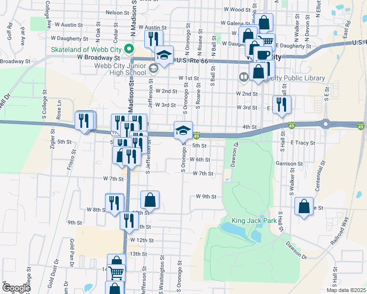 map of restaurants, bars, coffee shops, grocery stores, and more near 510 South Oronogo Street in Webb City