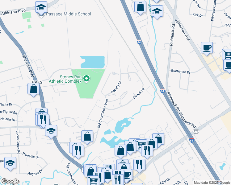 map of restaurants, bars, coffee shops, grocery stores, and more near 395 Deputy Lane in Newport News