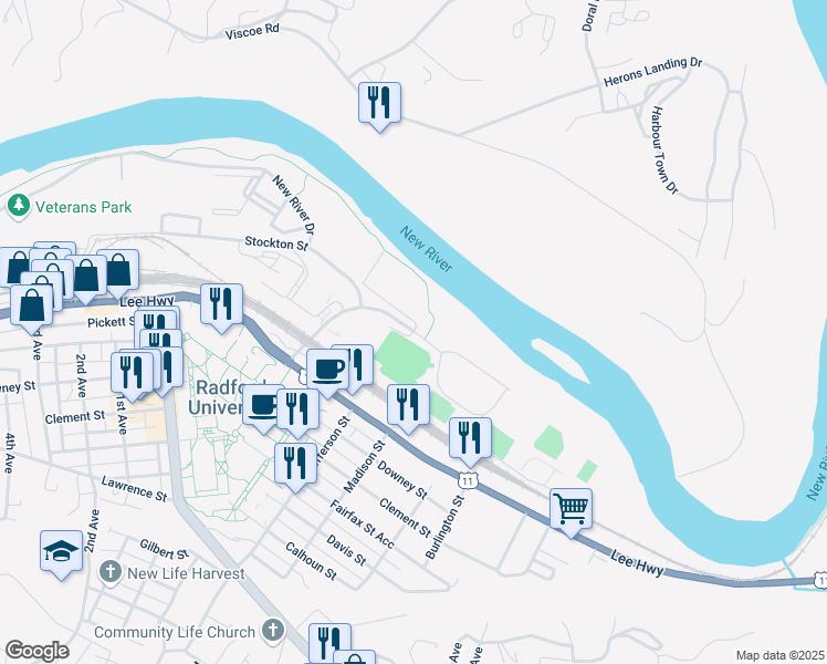 map of restaurants, bars, coffee shops, grocery stores, and more near University Drive in Radford