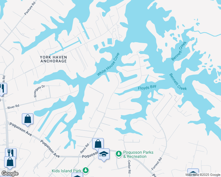 map of restaurants, bars, coffee shops, grocery stores, and more near 105 Rens Road in Poquoson