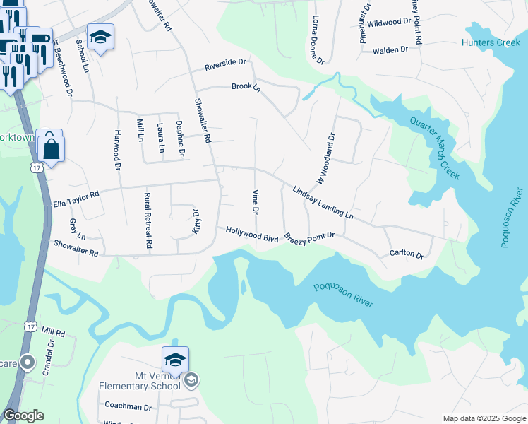 map of restaurants, bars, coffee shops, grocery stores, and more near 110 Vine Drive in Yorktown