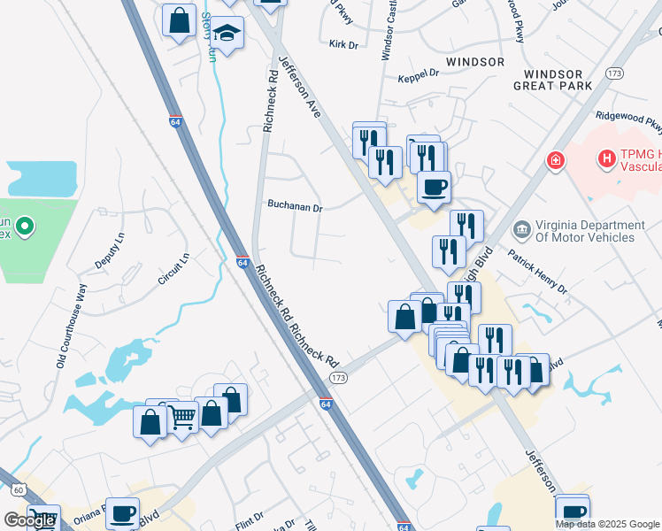 map of restaurants, bars, coffee shops, grocery stores, and more near 132 Tazewell Rd in Newport News