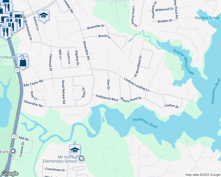 map of restaurants, bars, coffee shops, grocery stores, and more near 110 Vine Drive in Yorktown