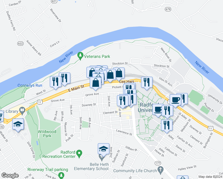 map of restaurants, bars, coffee shops, grocery stores, and more near 1116 Grove Avenue in Radford
