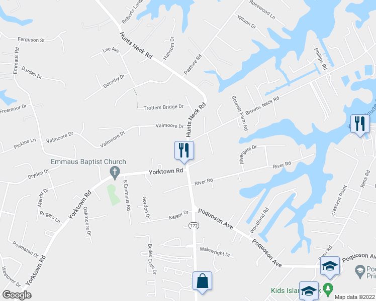 map of restaurants, bars, coffee shops, grocery stores, and more near 8 Hunts Neck Road in Poquoson