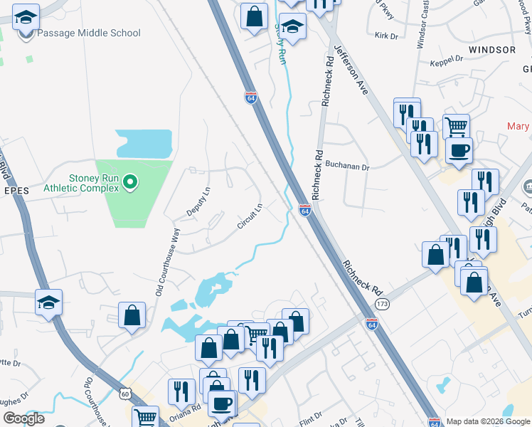 map of restaurants, bars, coffee shops, grocery stores, and more near 510 Magistrate Lane in Newport News