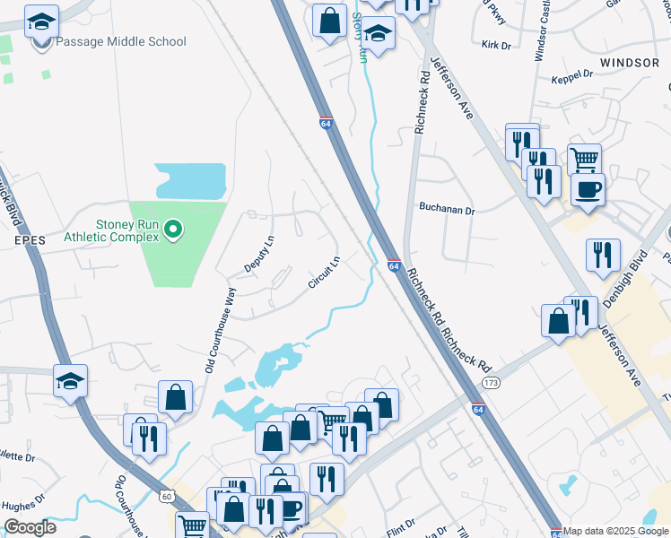 map of restaurants, bars, coffee shops, grocery stores, and more near 300 Civil Court in Newport News