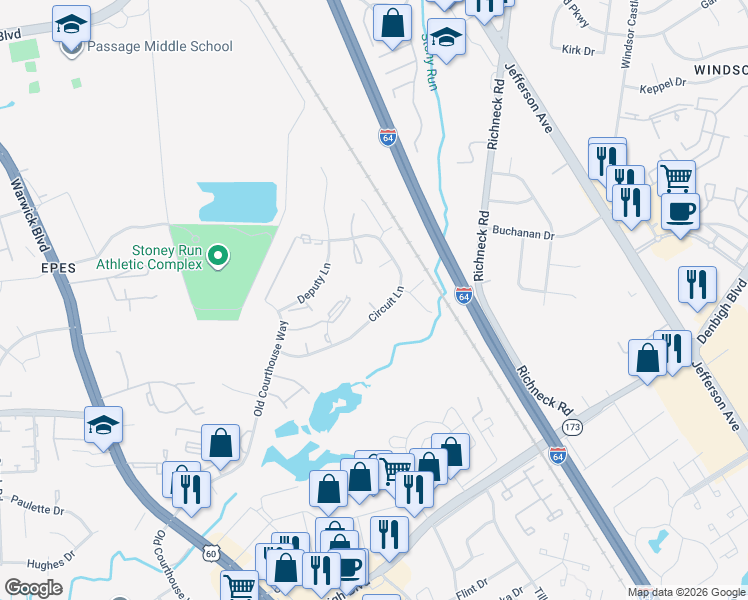map of restaurants, bars, coffee shops, grocery stores, and more near 300 Civil Court in Newport News