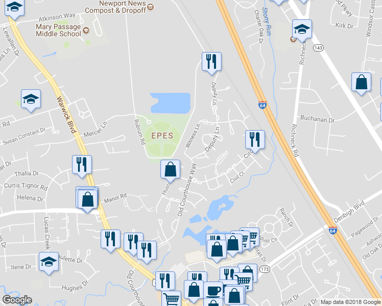 map of restaurants, bars, coffee shops, grocery stores, and more near 398 Deputy Lane in Newport News
