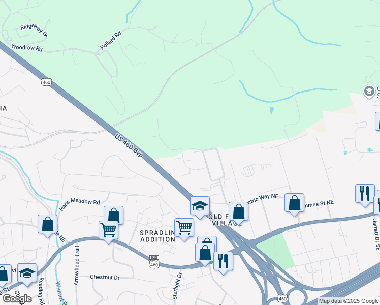 map of restaurants, bars, coffee shops, grocery stores, and more near 1600 Simpson Road Northeast in Christiansburg