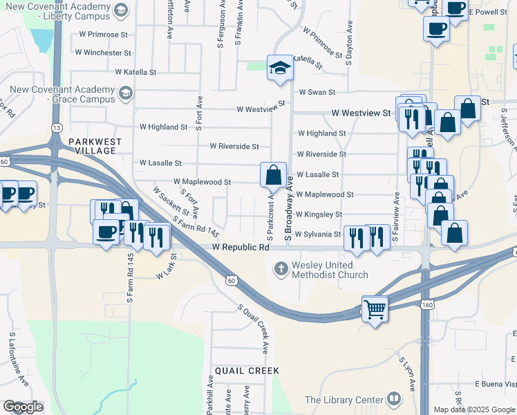 map of restaurants, bars, coffee shops, grocery stores, and more near 4069 South Parkcrest Avenue in Springfield