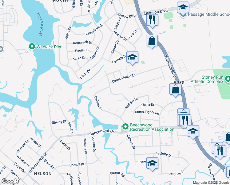 map of restaurants, bars, coffee shops, grocery stores, and more near 284 Curtis Tignor Road in Newport News