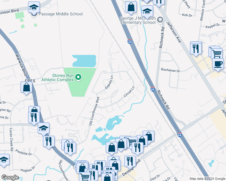 map of restaurants, bars, coffee shops, grocery stores, and more near 388 Jury Lane in Newport News