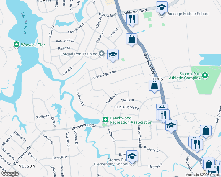 map of restaurants, bars, coffee shops, grocery stores, and more near 927 Verline Court in Newport News