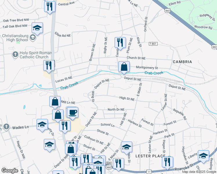 map of restaurants, bars, coffee shops, grocery stores, and more near 400 Schaeffer Drive in Christiansburg